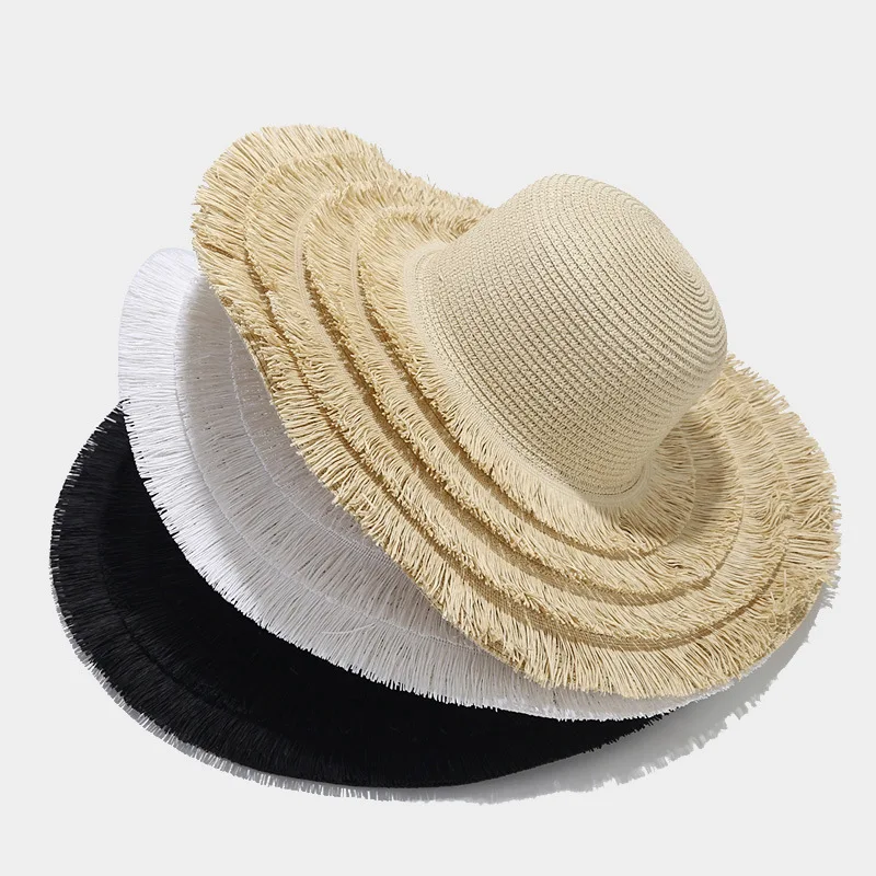 New Ladies Tassel Wide Brim Panama Hat Straw Hats for Women Summer Beach Hat Girls Vacation Autumn Bucket Hat