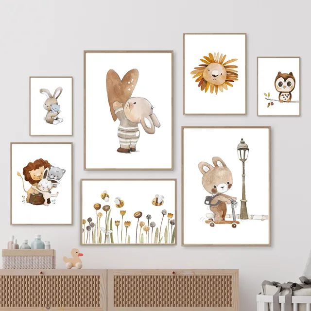 Boho Lion Rabbit Bear Elephant Owl Flower Wall Art Canvas Painting Posters And Prints Cartoon Pictures For Baby Kids Room Decor