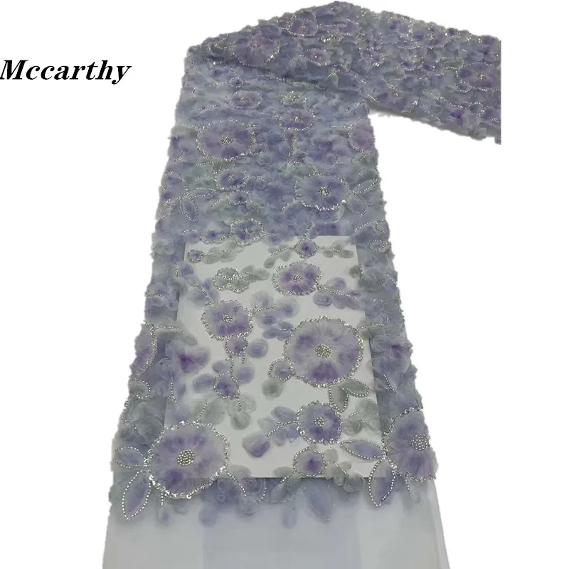 

2023 High Quality African 3D Flower Embroidery Beaded Lace Fabric Handmade French Tulle Lace Fabric for Wedding Dress 5Y/PCS