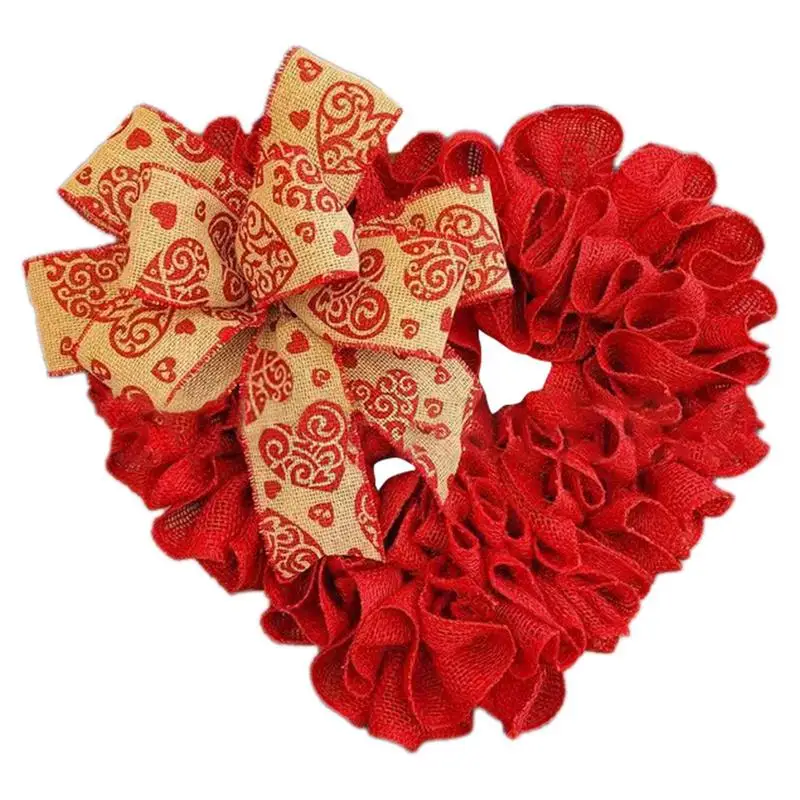 

Венок на День святого Валентина, венок в форме сердца с бантом и красной мешковиной 13,38 дюйма, гирлянда с орнаментом, венок на переднюю дверь