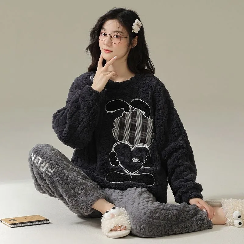 2024 New Sleepwear Women's Autumn Winter Thick Plush Sleepwear Coral Velvet Cartoon Cute Loungewear Warm Flannel Homewear Set