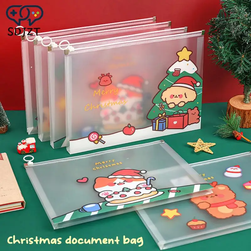 

Cartoon Merry Christmas File Folder High Capacity Waterproof Transparent Visual File Organizer Cute Christmas Cat Dog Snowman