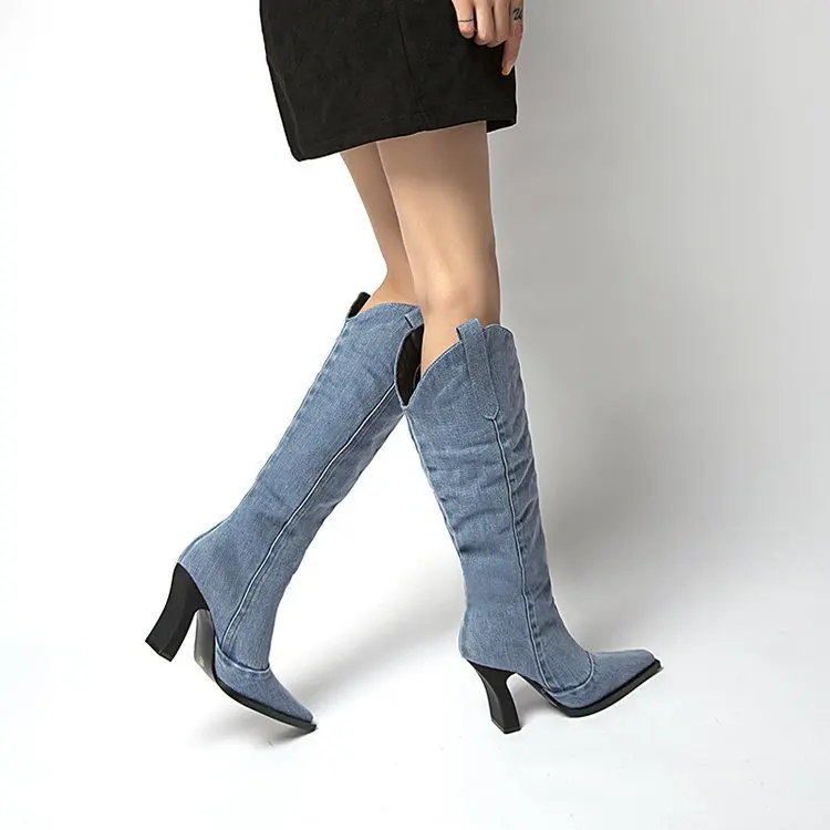 

2023Denim Blue Square Toe Thick Heel Boots Woman Autumn Slip-On Knee Knight Western Cowboy Boots Fashion Shoes for Women Boots