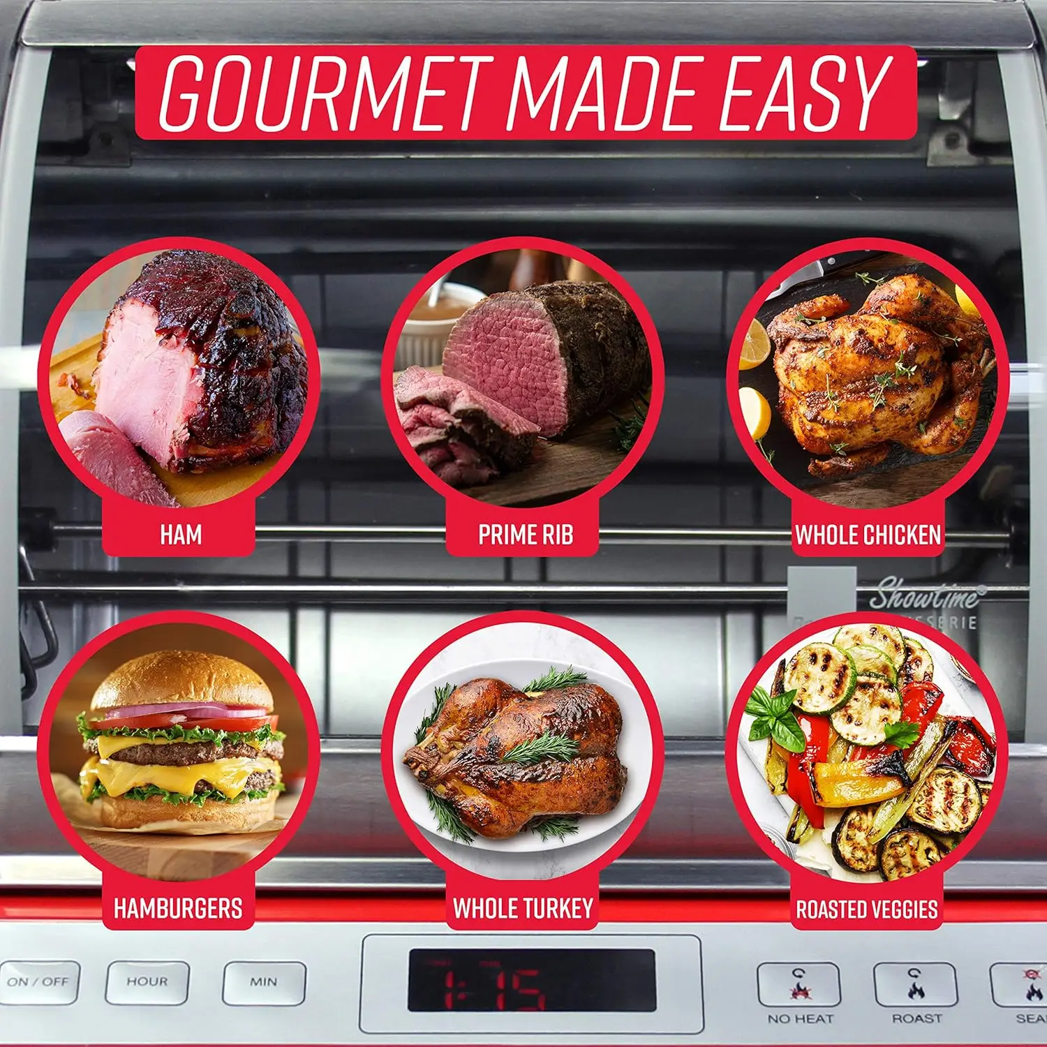 Large Capacity Rotisserie & BBQ Oven, Digital Controls, Compact Storage, Perfect Preset Rotation Speed, 6
