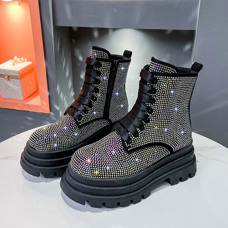 

Dropshipping Gorgeous Flash Gypsy Rhinestone Lace-Up Locomotive Boots Retro Big Head Thick Heel Zipper Casual Women's Boots