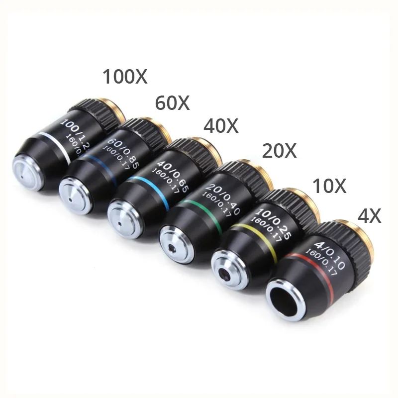 195 Black Achromatic Objective 4X 10X 20X 40X 60X 100X for Biological Microscope Objective Lens RMS 20.2mm Parts