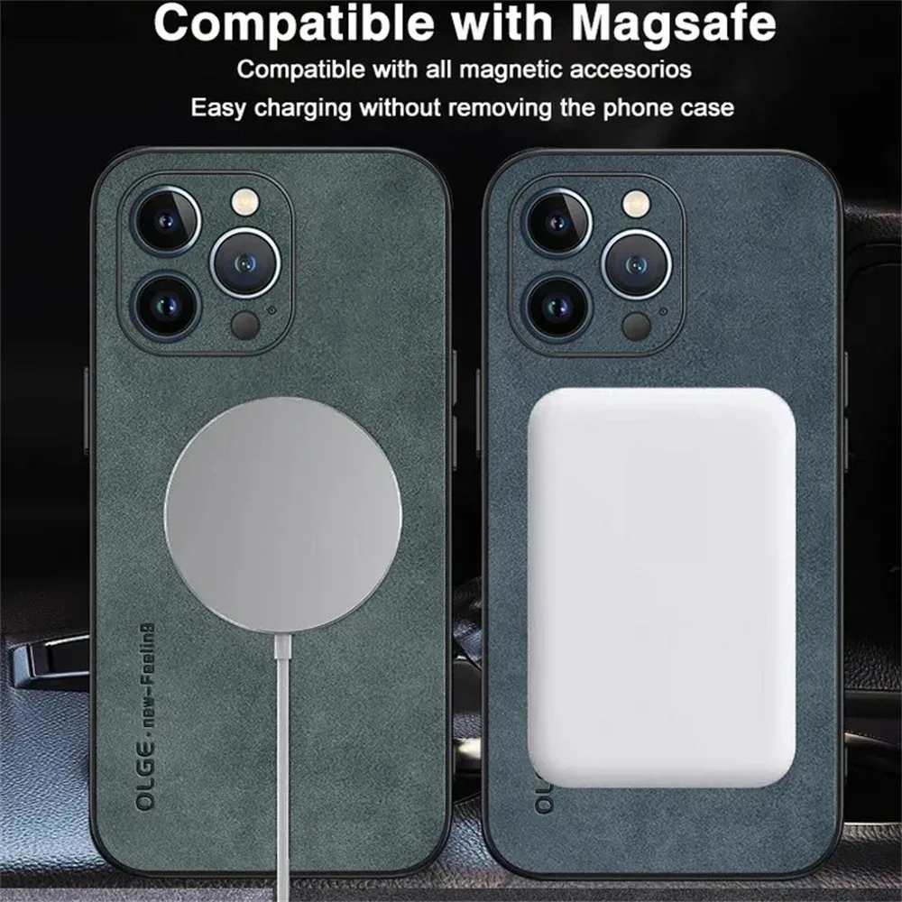 Leather Magnetic Phone Case with Magsafe Compatibility and Shockproof Protection