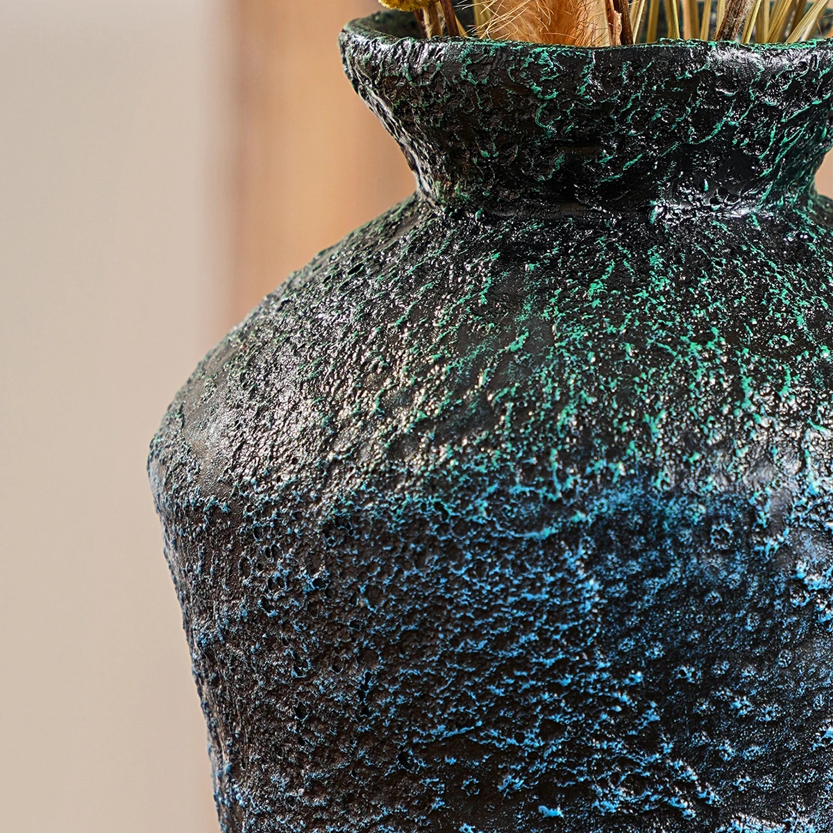 1PC, a retro earthenware jar shaped decorative vase, a retro style blue-green resin material decorative vase