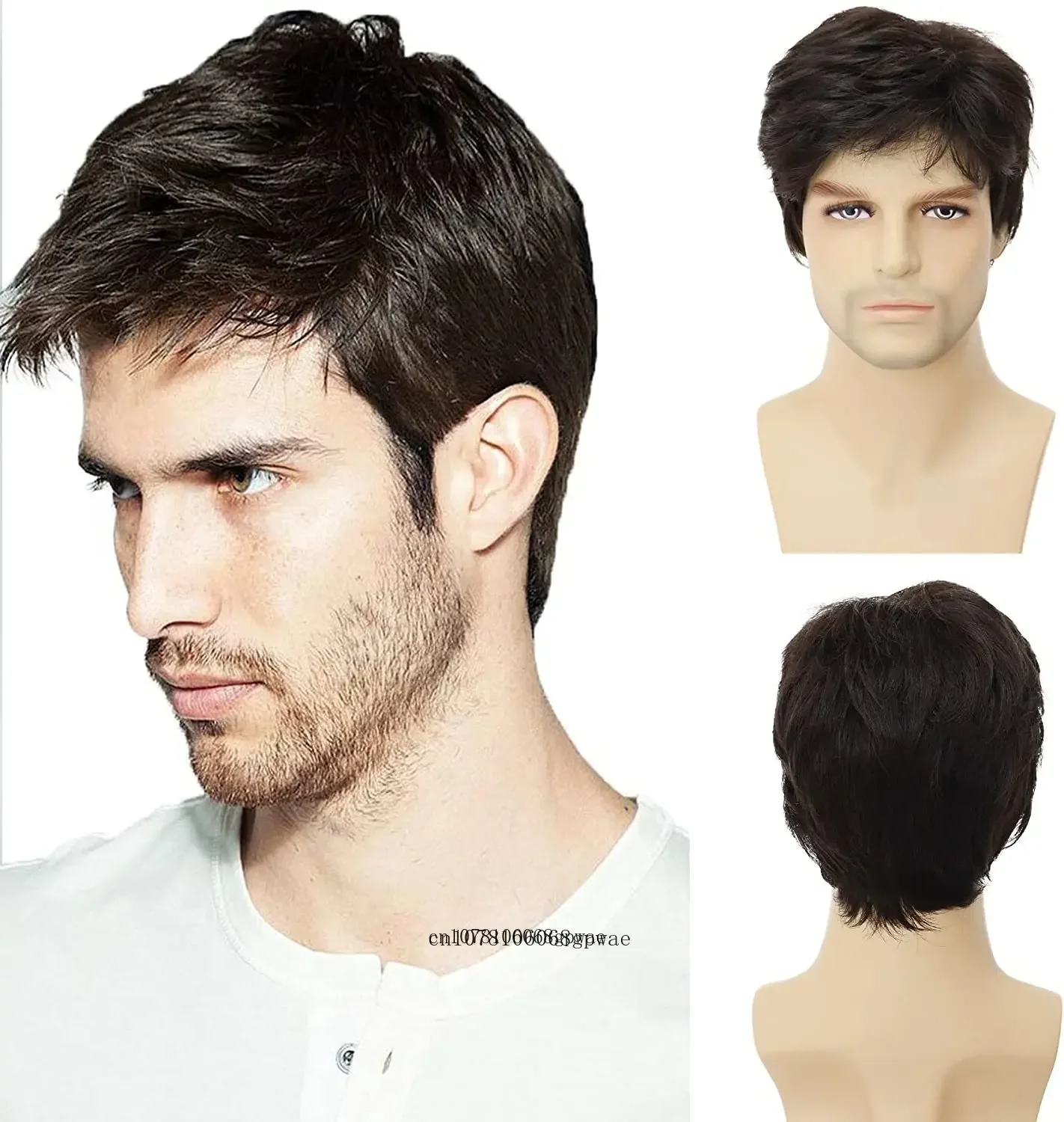 Synthetic Short Straight Hair Wig for Men Natural Brown Haircut Boys Wigs with Bangs Daily Cosplay Party Use Heat Resistant