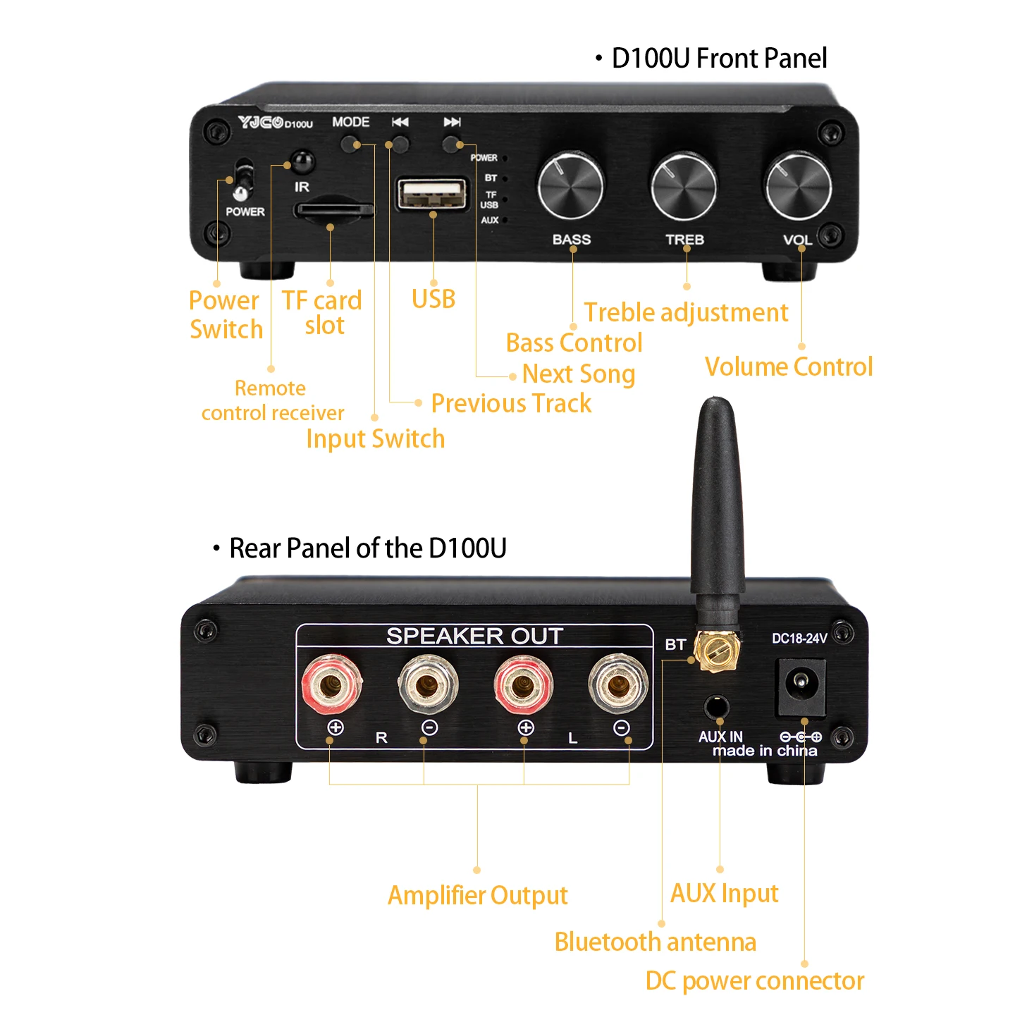 YJCO D100U 블루투스 5.4 스테레오 앰프 TPA3116 듀얼 채널 HiFi 파워 앰프 100W×2 홈 오디오 수신기 USB TF 올인원
