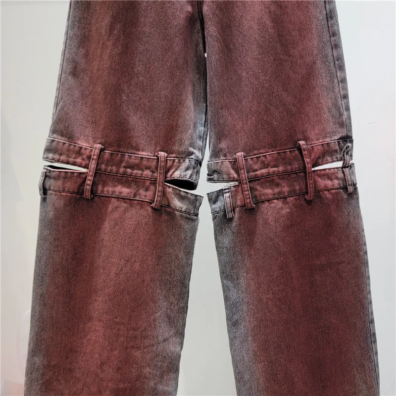 2023 New Women Cargo Pants Red Wine Wide Leg trousers Broken Holes Grunge Punk Painted Casual Empire Long Denim Capris Jeans