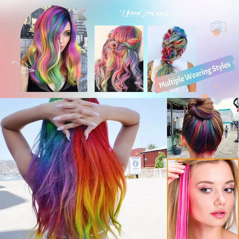 Colorful Clip on Hair Extensions -2 high Gloss Straight Synthetic Clip on Wigs, Suitable for Girls and Children's Role-Playing