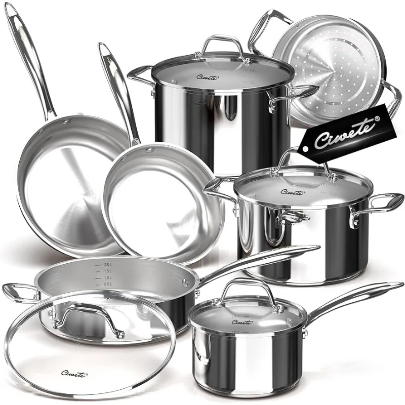 

Ciwete Tri-Ply Stainless Steel Pots and Pans Set 11-PC, 18/10 Stainless Steel Induction Cookware Set with Steamer Insert