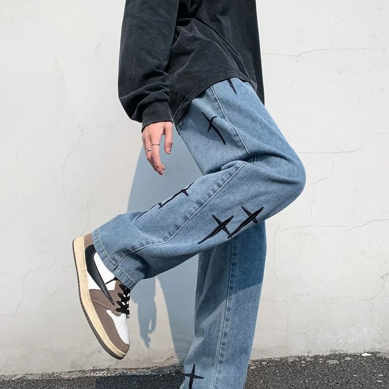 

2022 Men's Embroidery Baggy Homme Casual Pants Classic Stretch Cargo Pocket Jeans Biker Denim Blue/black Color Trousers S-2XL