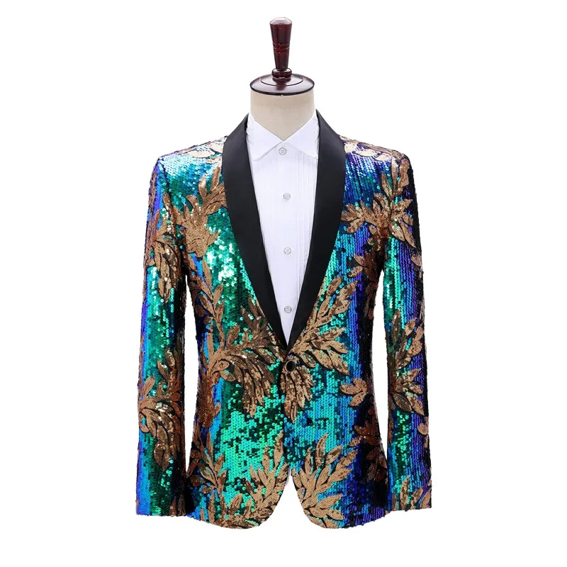 Unique-Design-Men-Sequin-Blazer-Suit-Jacket-Purple-Blue-Green-Leaves ...