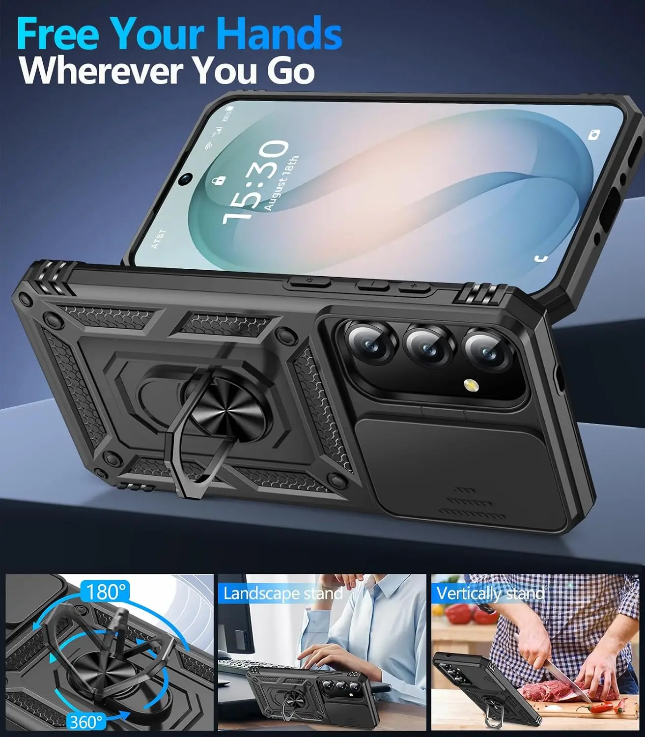 Military Grade Armor Protective Kickstand Cover with Slide Camera Lens Protection