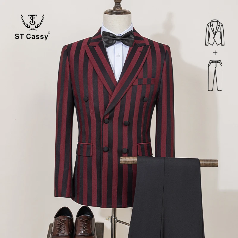 Men ST Cassy Suits Fashion striped evening gown Double Breasted Slim Fit 2 Piece Jacket Pants