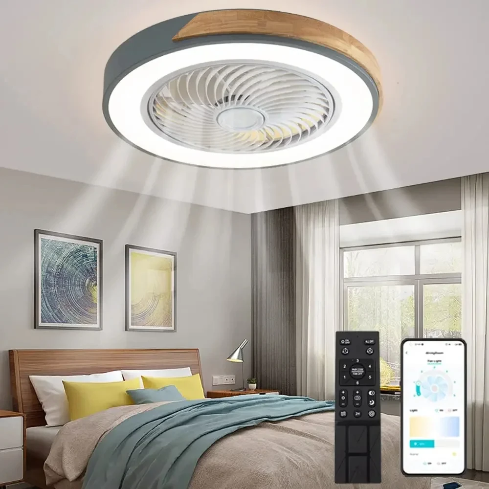 Modern Low Profile Wood Ceiling Fan Light with Remote Control Dimmable 3 Color Timing LED Fan Lamp Indoor ceiling kids light