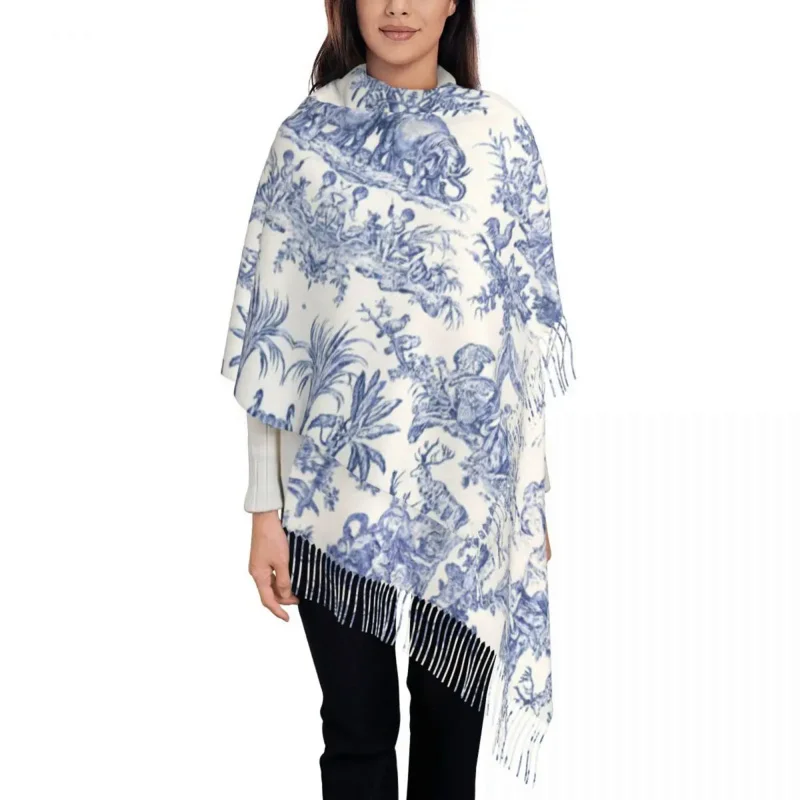 

Navy Blue Toile De Jouy Tassel Scarf Women Soft French Countryside Floral Shawl Wrap Female Winter Fall Scarves