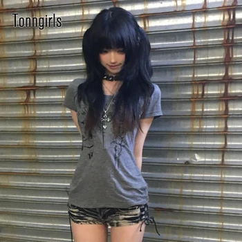 Tonngirls Japanese Y2k Print T Shirt Women Short Sleeve Slim Graphic Tops Streetwear American Retro 90s Grunge Tops E-girls 1