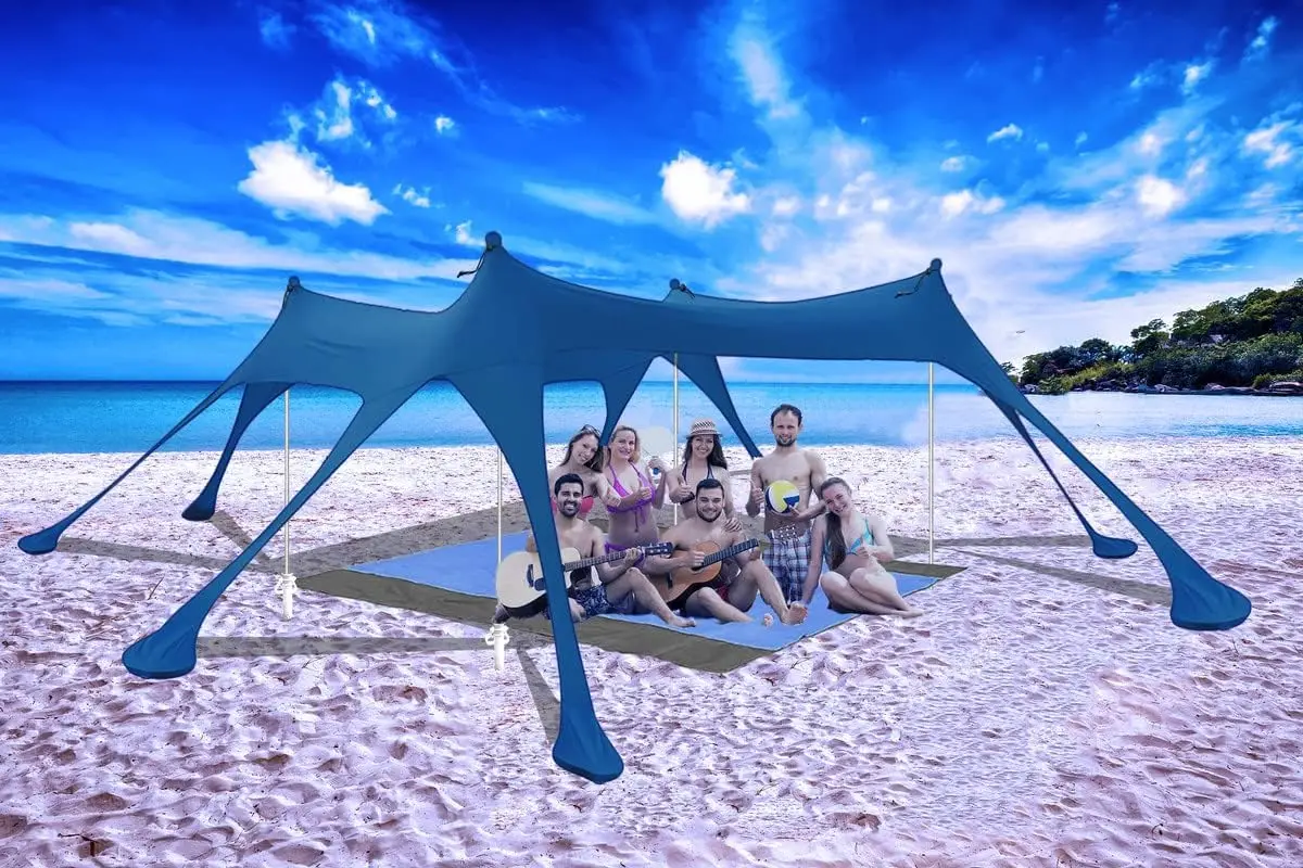 

Tent Sun Shelter, 10x10ft Camping Beach Shade UPF50+ with 8 Sandbags 4 Sand Anchors Beach Blanket Stability Poles, Outdoor Shad