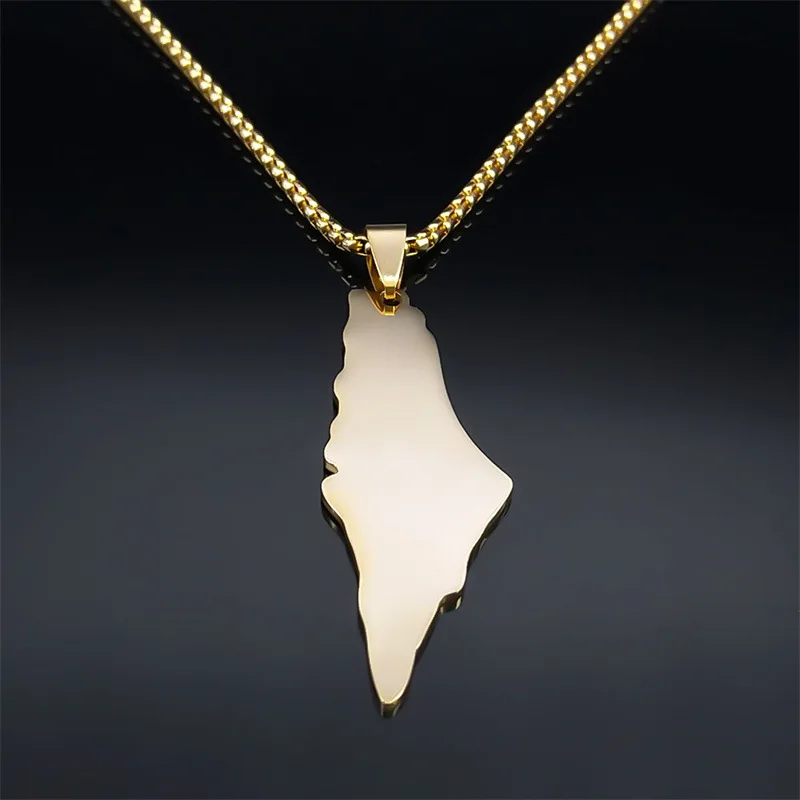 Collier Pendentif Carte De La Palestine – Acier Inoxydable Doré/Argenté – Chaîne 50 Cm – Bijou Ethnique Et Engagé