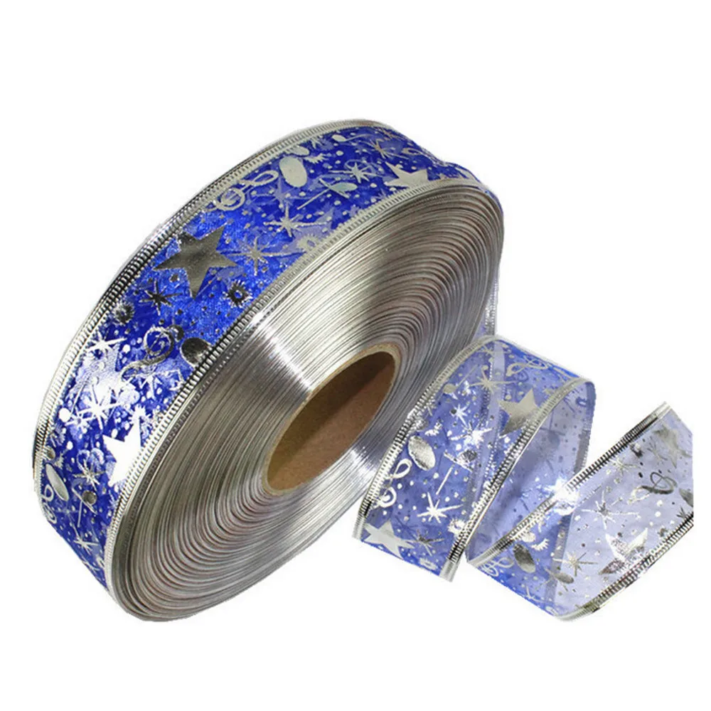 2m Silver Hot Stamping Ribbon Five-Pointed Star Christmas Tree Decoration Christmas Gift Wrapping Ribbon Decoration