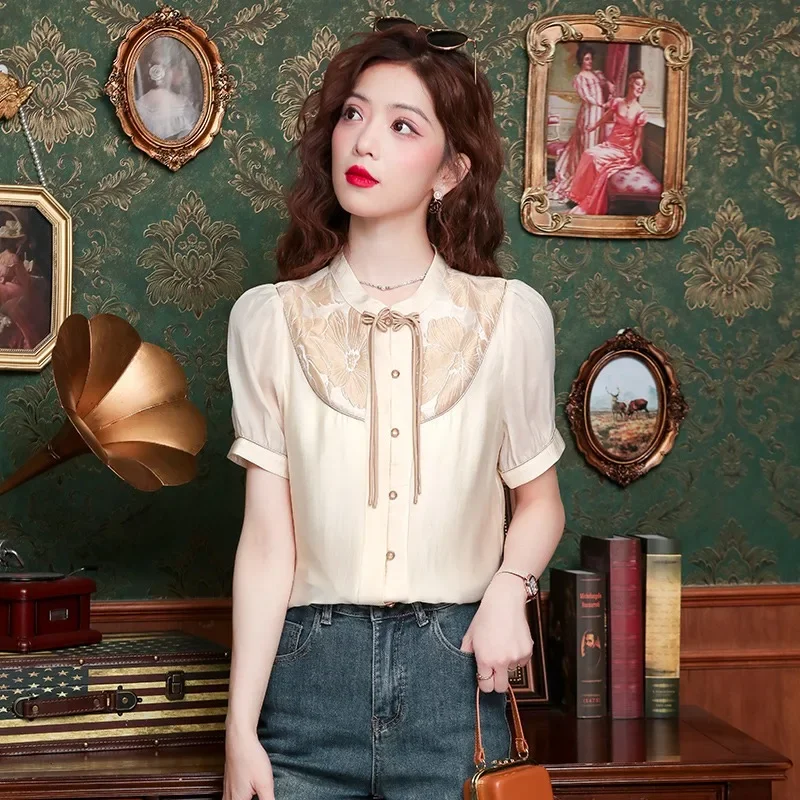 

Satin Women's Shirt Summer Vintage Prints Blouses Loose Chinese Style Women Tops Short Sleeves Fashion Clothing YCMYUNYAN