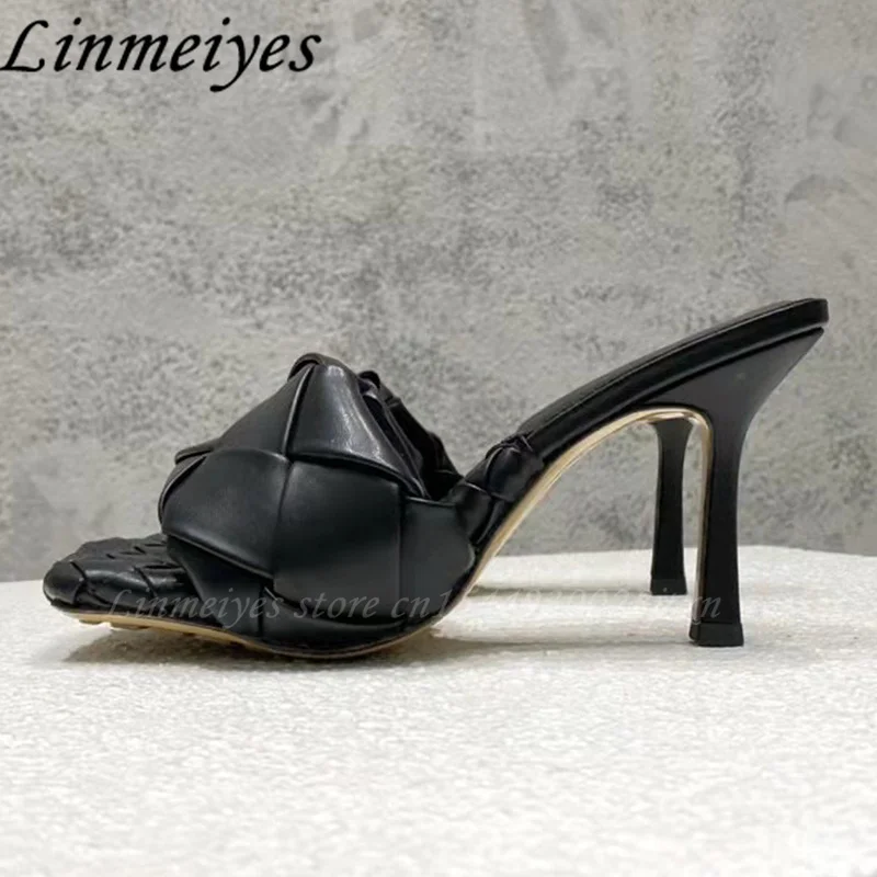 Summer High Heels Slippers Woman Designer Braided Slides Woman Cross