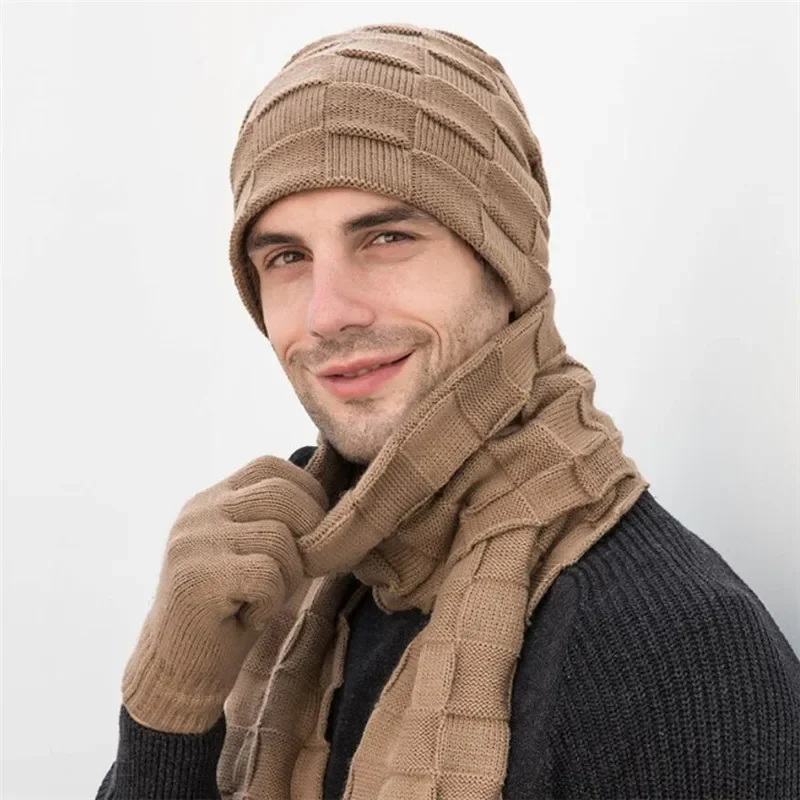 Men Knitted Long Scarf Hat Gloves 3 Piece Set Winter Warm Plush Protection Ear Cap Scarves And Touchscreen Gloves