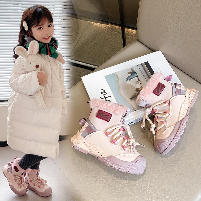 Children Sports Boots with Thick Fur Kids Warm Boots Toes Capped Soft Bottom 2025 Winter New Boys Girls Short Boots Pull Rope