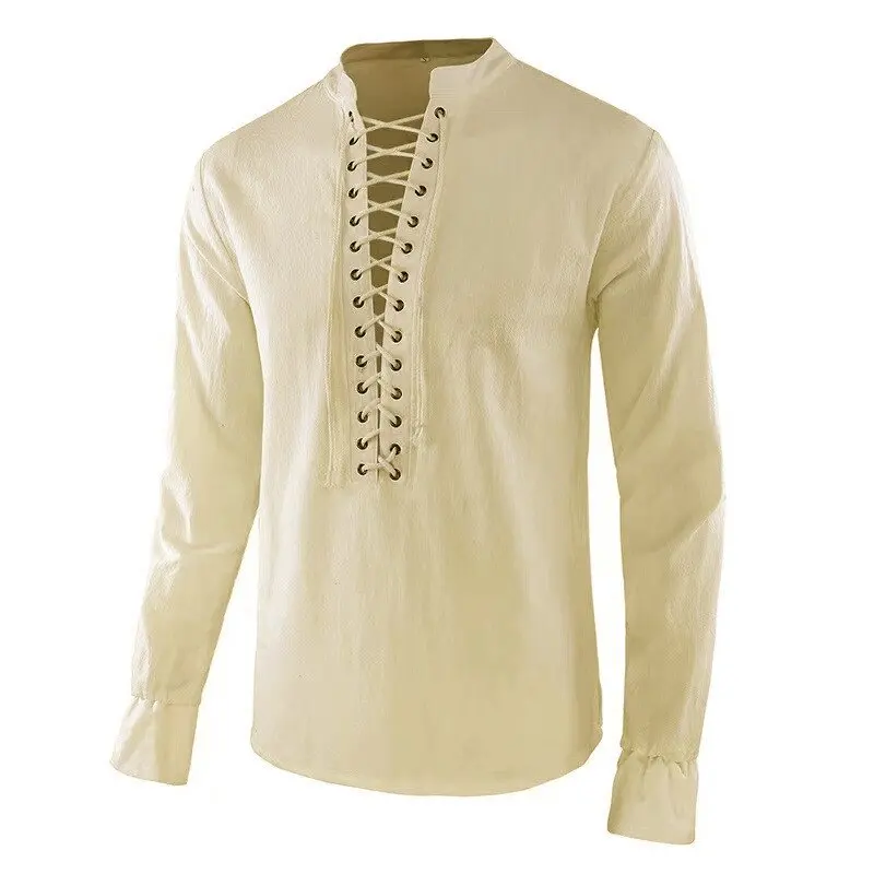 Camicia Vintage Medievale Uomo Vichinga Pirata – Lino, Maniche Lunghe, Lacci, Steampunk Rinascimentale