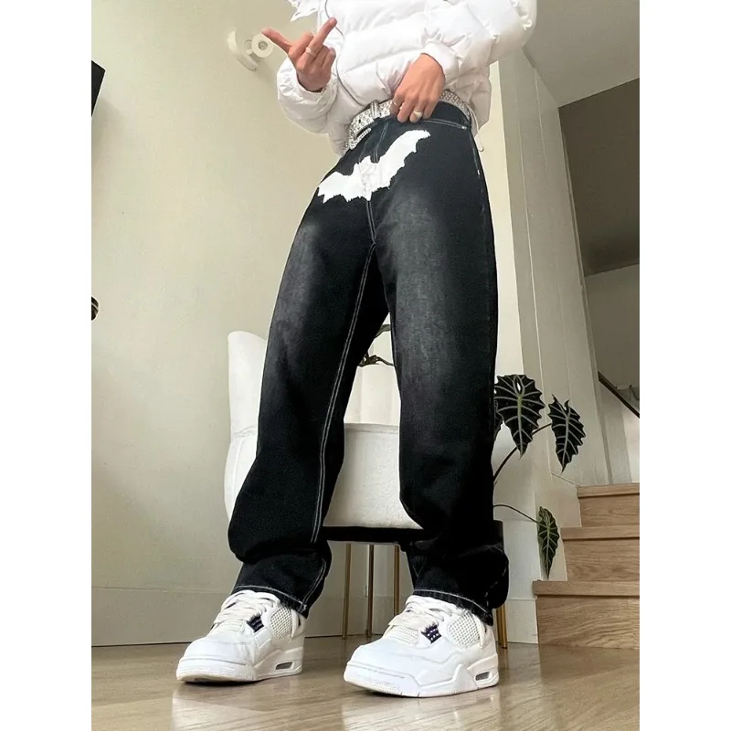 American style trendy printed black men's Y2K fashionable pattern painted Baggy casual pants loose straight cotton denim pants
