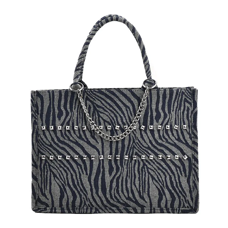 2023 New Fashion High-Capacity Blue Striped Denim Handbags  Tote Bag  For Womens