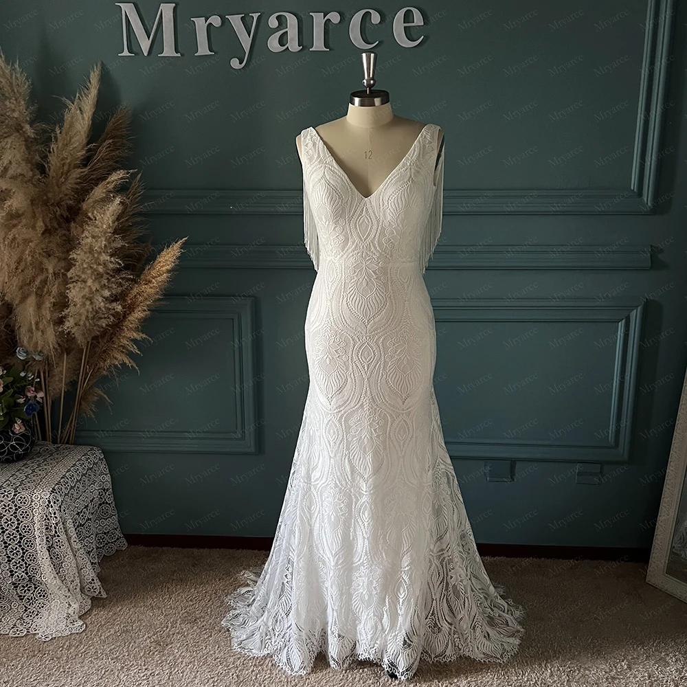 Mryarce Boho היפי שמלות כלה למתוח תחרה ללא שרוולים גב פתוח כלה שמלות עם שוליים