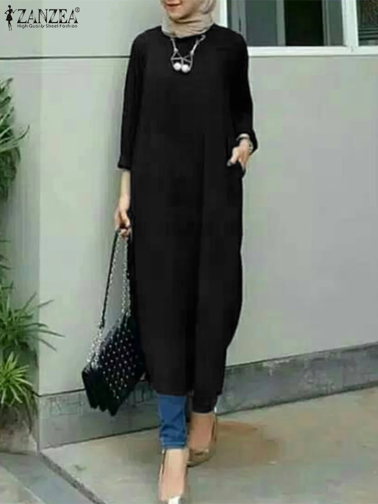 

ZANZEA Fashion Muslim Women's Tops Casual Loose Long Shirt O-Neck Long Sleeve Blouse Femme Elegant Vestidos Islamic Clothing