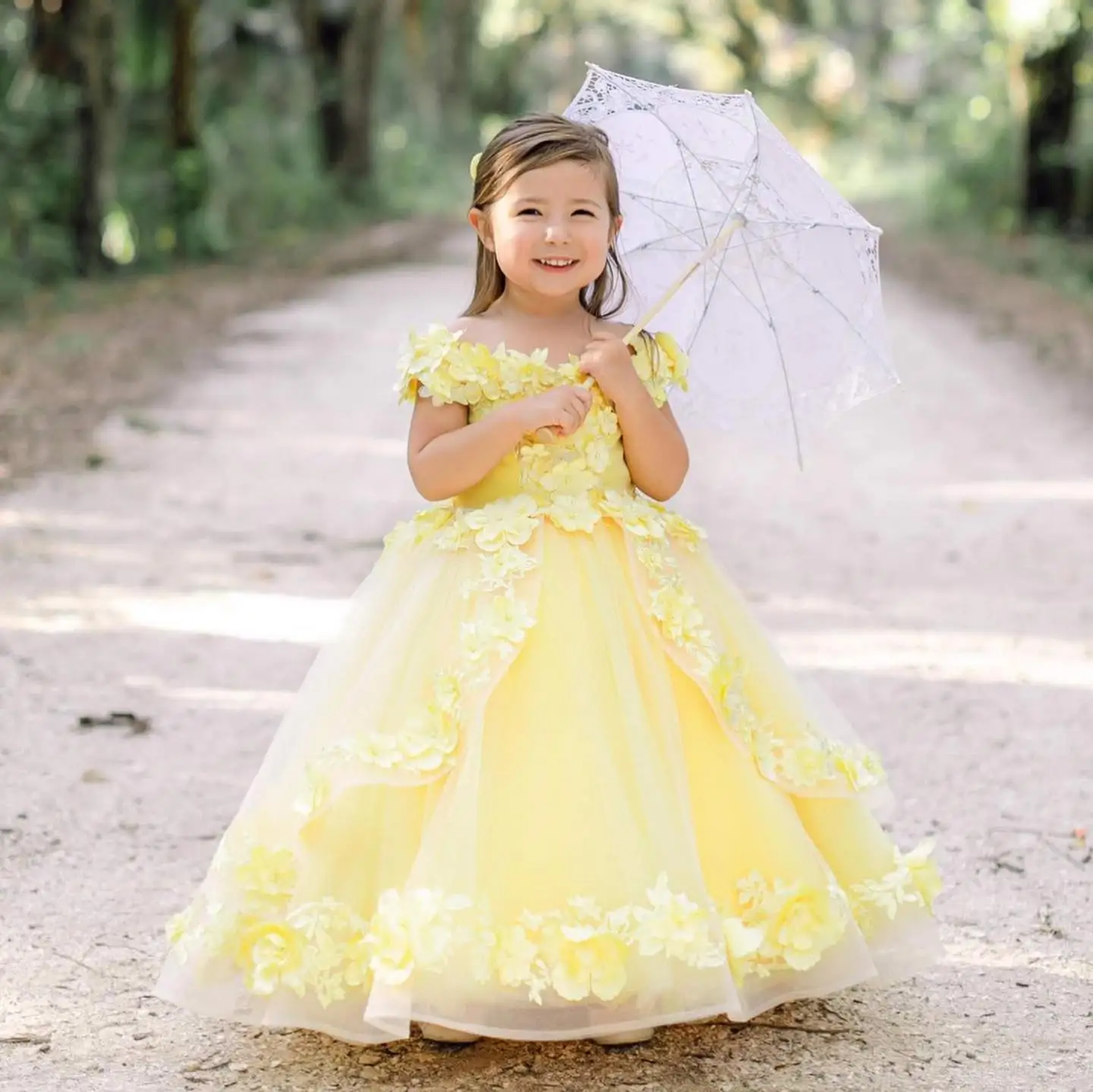 Yellow Tulle Lace Baby Girl Birthday Dress Infant Tutu Princess Flower