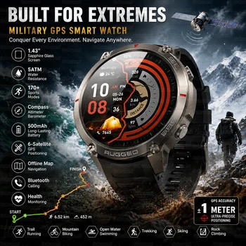 Smartwatch GPS Preciso con Schermo AMOLED da 1,43'', Mappe Offline, Bussola, Altimetro, Barometro, Impermeabile 5ATM, Braccialetto Sportivo per Uomo