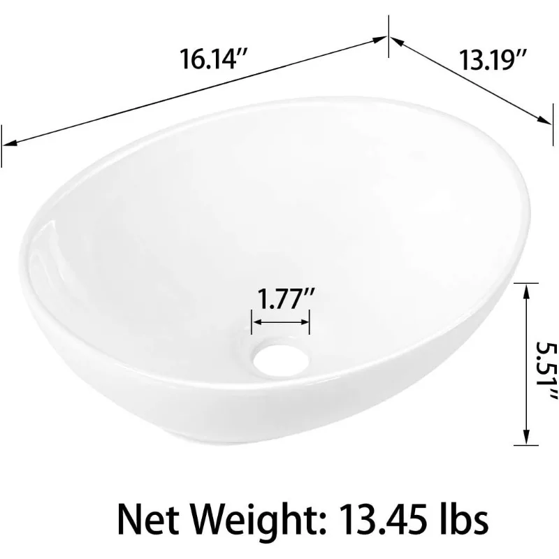 16" x 13" x 5.5" White Oval Ceramic Countertop Bathroom Vanity Vessel Sink BVS1613A-OL 5