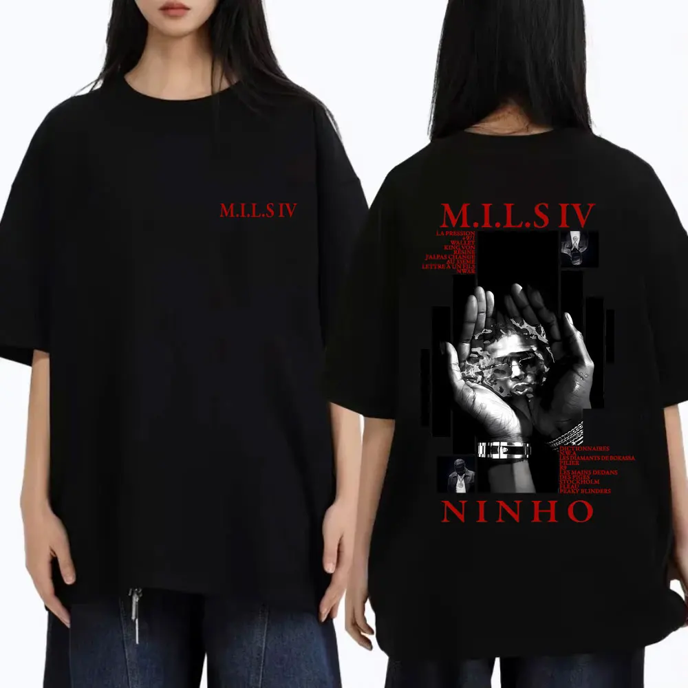 Rapper Ninho MILS 4 Album Grafik T-Shirt Herren Mode Übergroßes Streetwear Unisex Hip-Hop Pop Musik T-Shirt Herren Baumwoll-Oberteil