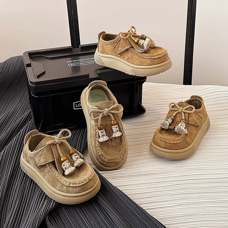 Kids Flat Shoes Round Toes Classic Children Casual Shoes with Simple Bows 2025 Autumn New Girls Leather Shoes Soft Sole Non-slip