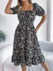 Summer Women's Beach Dress Floral 3D Print Square Neck Short-Sleeved Ladies Waist Ruffled A-Line Dress For Women Holiday Dresses 2