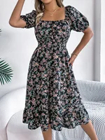 Summer Women's Beach Dress Floral 3D Print Square Neck Short-Sleeved Ladies Waist Ruffled A-Line Dress For Women Holiday Dresses 2