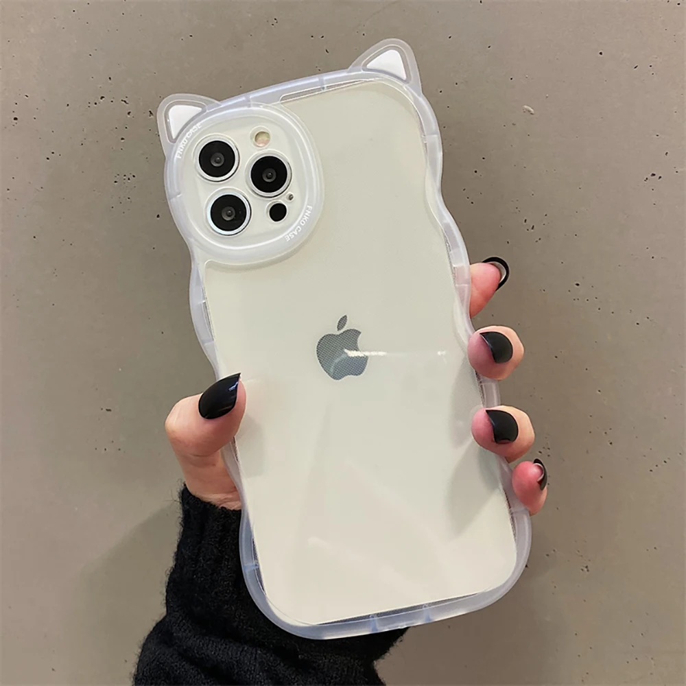 Cute Cat Ear Curly Wave Transparent Case For iPhone 11 13 12 Pro Max XS XR X 7 8 Plus Cartoon Shockproof Clear Soft Back Cover 1