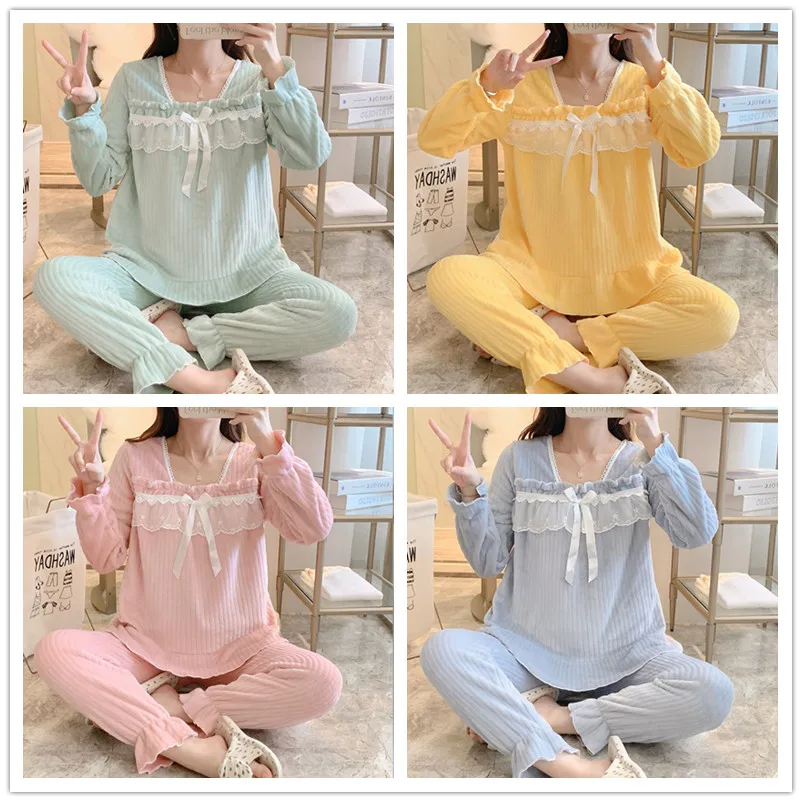 Winter new square-neck lace coral fleece pajamas women's casual sweet thickened warm flannel solid color 2-piece home clothes