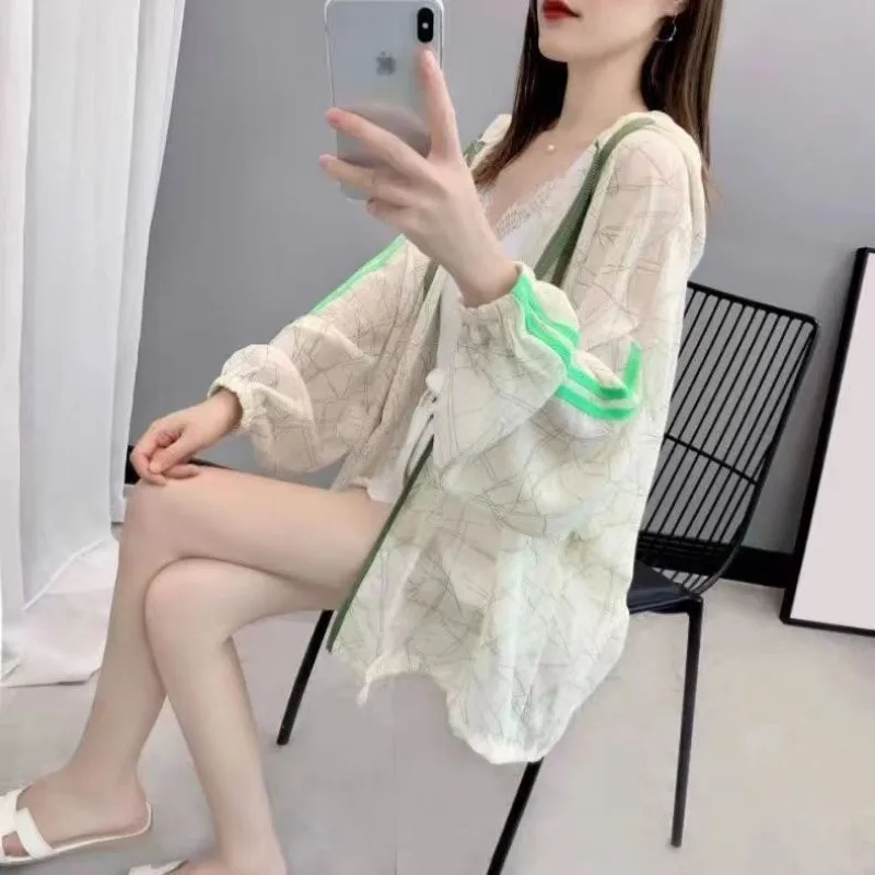 Sunscreen Clothing Female Summer New Korea Loose Fitting Hooded Long Sleeved Cardigan Chiffon Coat Fashionable Color Blocking