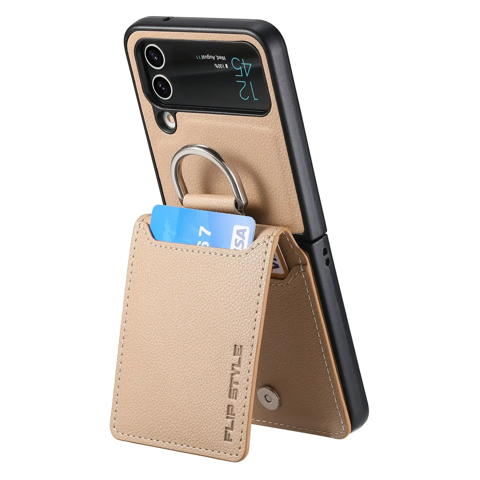 Magnetic Leather Wallet Case with Ring Holder and Kickstand
