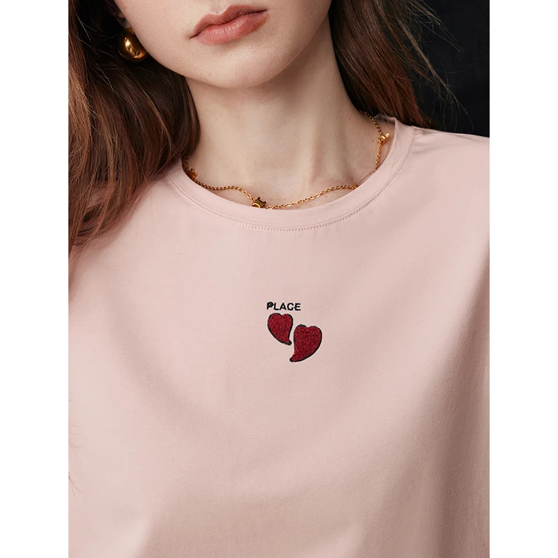 TOYOUTH Women T-shirt Summer New Love Pattern Embroidered Pure Cotton 5A Antibacterial Tops