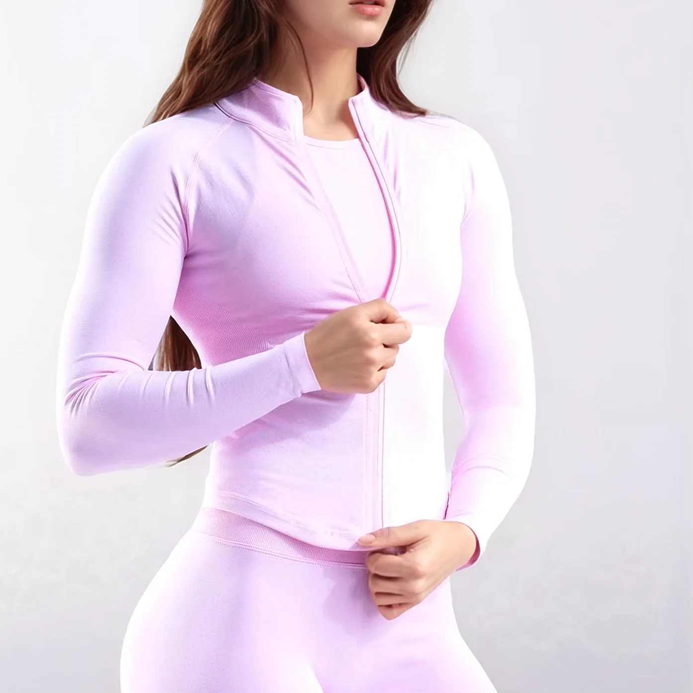 RUSHBURN Zippy Jacket 여성 러닝 긴 소매 체육관 탑 풀 지퍼 이음매없는 운동복 스포츠 필라테스 요가 코트