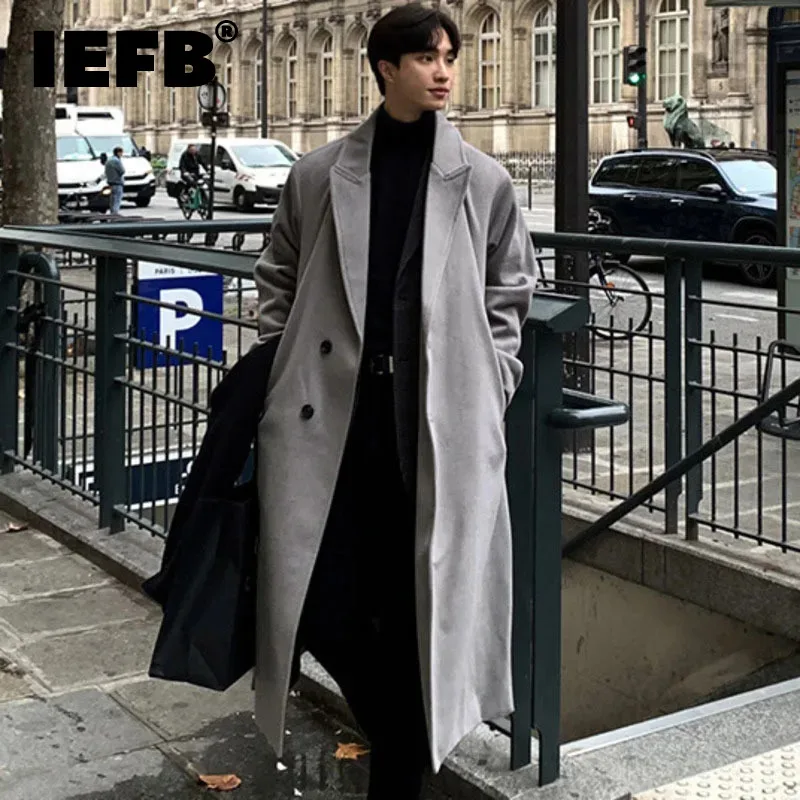 

IEFB Male Woolen Windbreaker Casual Turn-down Collar Solid Color Knee Length Thickened Men's Trench Korean Fashion Spring 9C4850